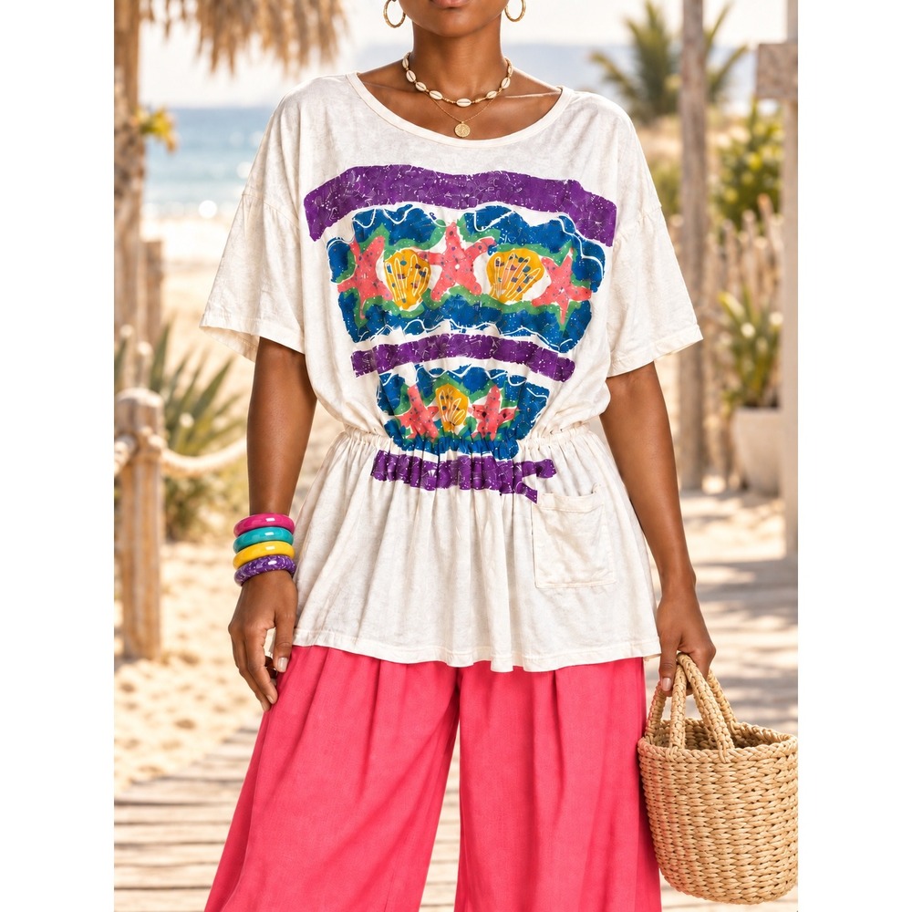 OS 210 Vintage Wear Abouts Starfish Seashell Graphic Peplum Shirt One Size Beach